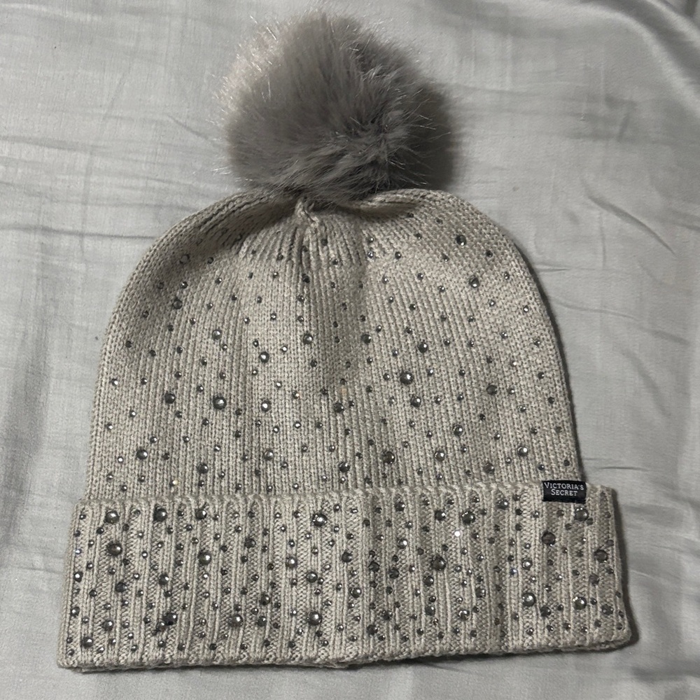 Victoria's Secret Gray Rhinestone Embellished Beanie with Pom Pom